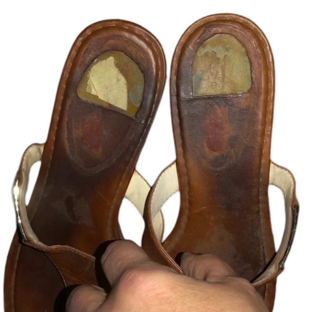 Coach size 10 British Tan / Cognac leather thong heel ,wedge with cork heel